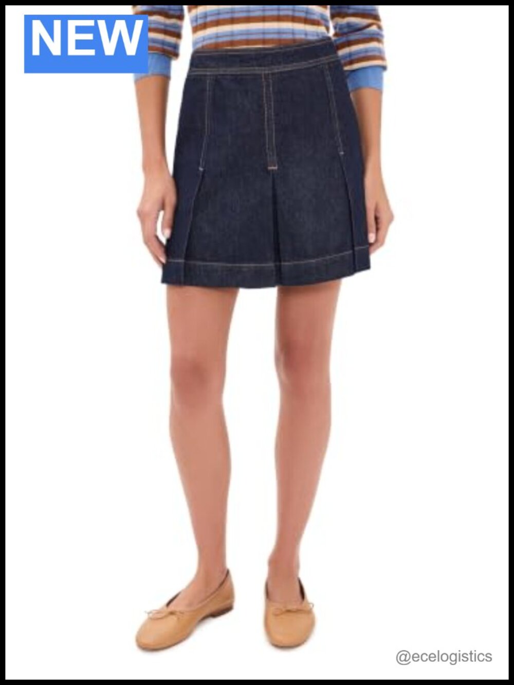High Rise Denim Pleated Mini Skirt with Zip Back